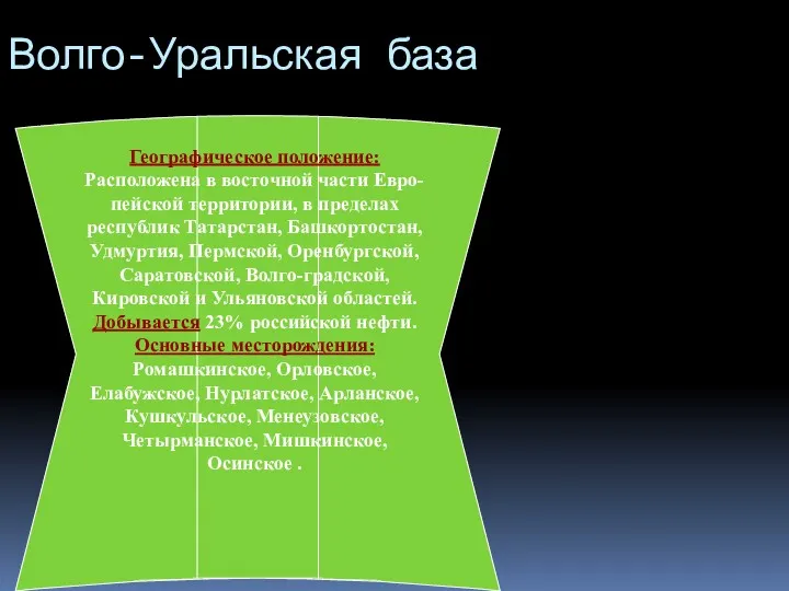 Волго-Уральская база Географическое положение: Расположена в восточной части Евро-пейской территории,