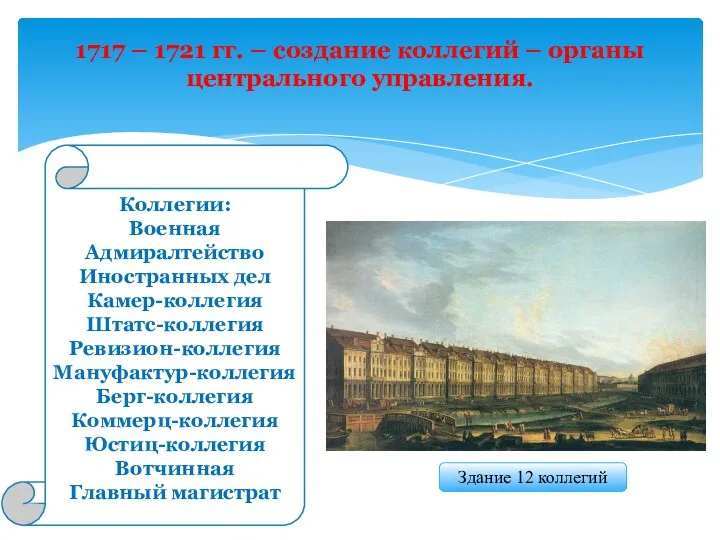 1717 – 1721 гг. – создание коллегий – органы центрального