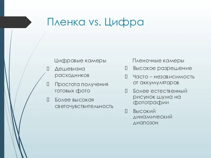 Пленка vs. Цифра Цифровые камеры Дешевизна расходников Простота получения готовых