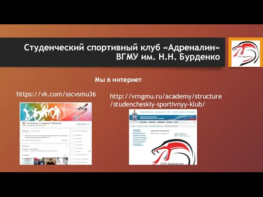 Студенческий спортивный клуб «Адреналин» ВГМУ им. Н.Н. Бурденко Мы в интернет https://vk.com/sscvsmu36 http://vrngmu.ru/academy/structure/studencheskiy-sportivnyy-klub/