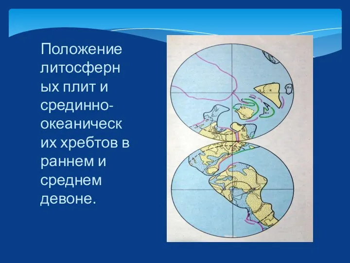 Положение литосферных плит и срединно-океанических хребтов в раннем и среднем девоне.