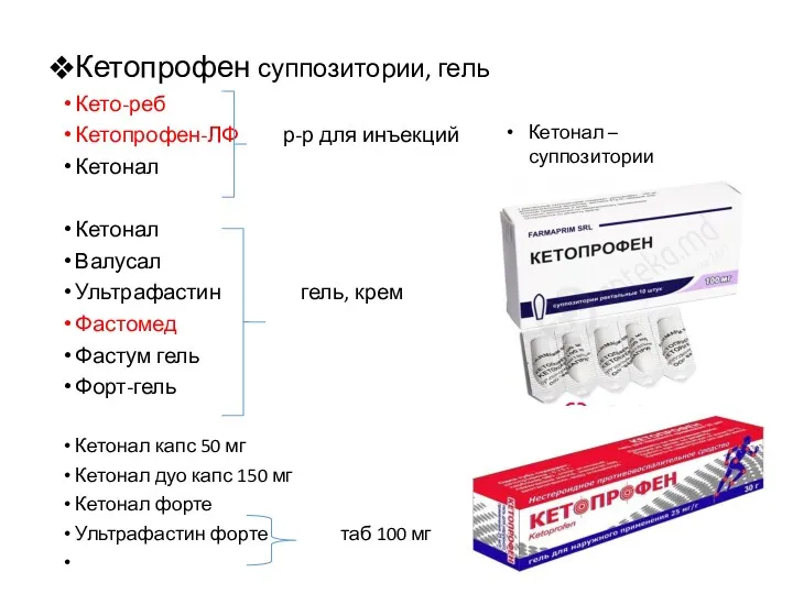 Кетопрофен суппозитории, гель Кето-реб Кетопрофен-ЛФ р-р для инъекций Кетонал Кетонал Валусал Ультрафастин гель,