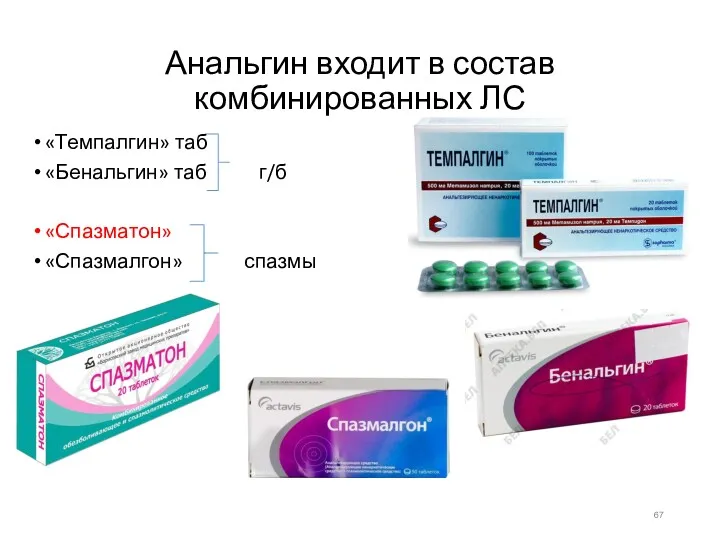 Анальгин входит в состав комбинированных ЛС «Темпалгин» таб «Бенальгин» таб г/б «Спазматон» «Спазмалгон» спазмы