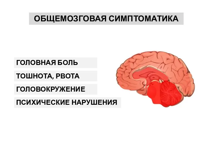 ОБЩЕМОЗГОВАЯ СИМПТОМАТИКА ГОЛОВНАЯ БОЛЬ ТОШНОТА, РВОТА ГОЛОВОКРУЖЕНИЕ ПСИХИЧЕСКИЕ НАРУШЕНИЯ