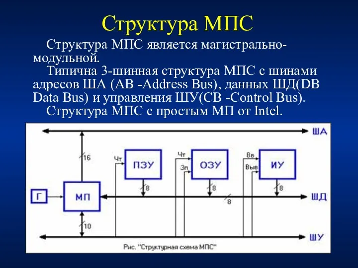 Структура МПС Структура МПС является магистрально-модульной. Типична 3-шинная структура МПС