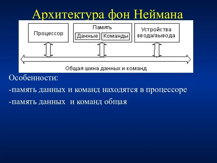 Архитектура фон Неймана Особенности: -память данных и команд находятся в процессоре -память данных и команд общая