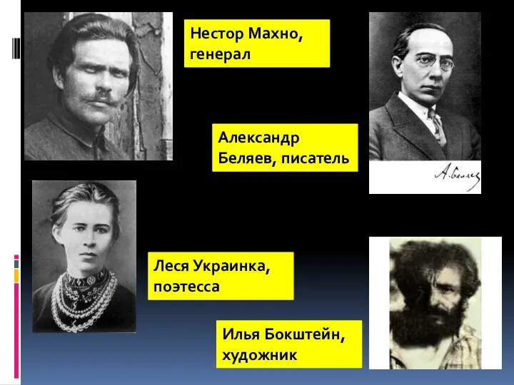 Нестор Махно, генерал Леся Украинка, поэтесса Александр Беляев, писатель Илья Бокштейн, художник