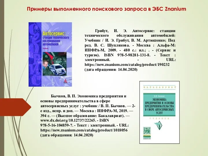 Примеры выполненного поискового запроса в ЭБС Znanium Грибут, И. Э.
