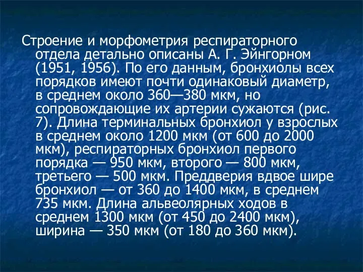 Строение и морфометрия респираторного отдела детально описаны А. Г. Эйнгорном