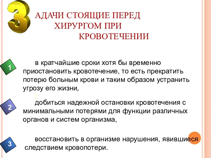 АДАЧИ СТОЯЩИЕ ПЕРЕД ХИРУРГОМ ПРИ КРОВОТЕЧЕНИИ 2 3 1 в