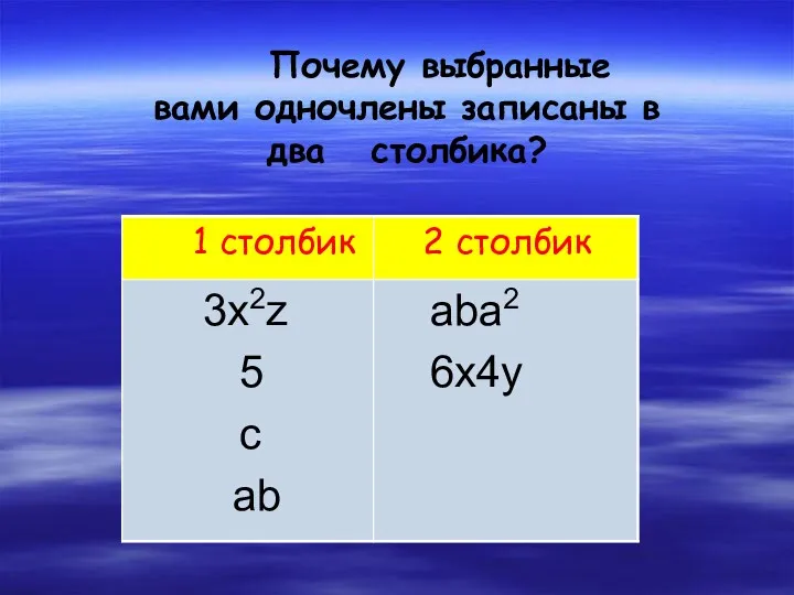 Почему выбранные вами одночлены записаны в два столбика?