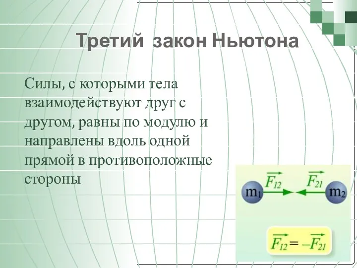 Третий закон Ньютона Силы, с которыми тела взаимодействуют друг с другом, равны по
