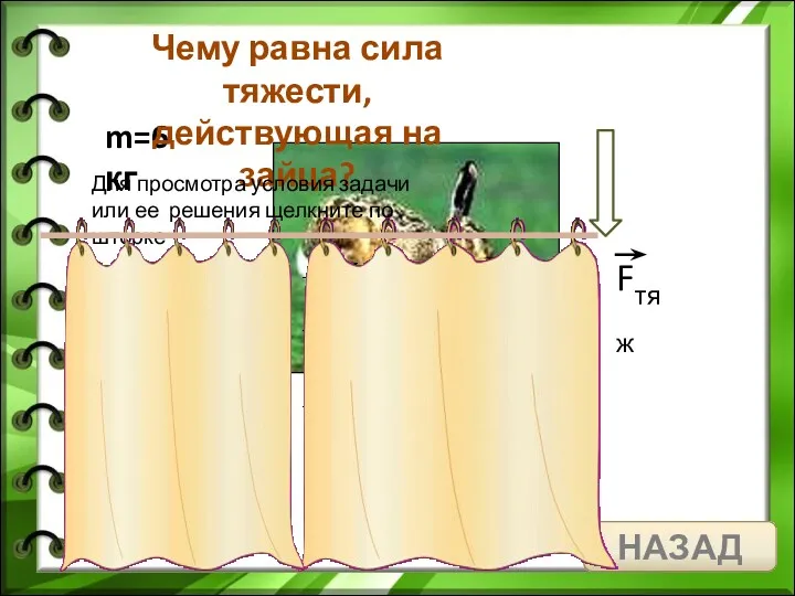 m=6 кг Чему равна сила тяжести, действующая на зайца? Для