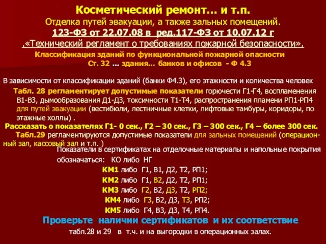 Косметический ремонт… и т.п. Отделка путей эвакуации, а также зальных