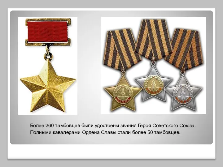 Более 260 тамбовцев были удостоены звания Героя Советского Союза. Полными