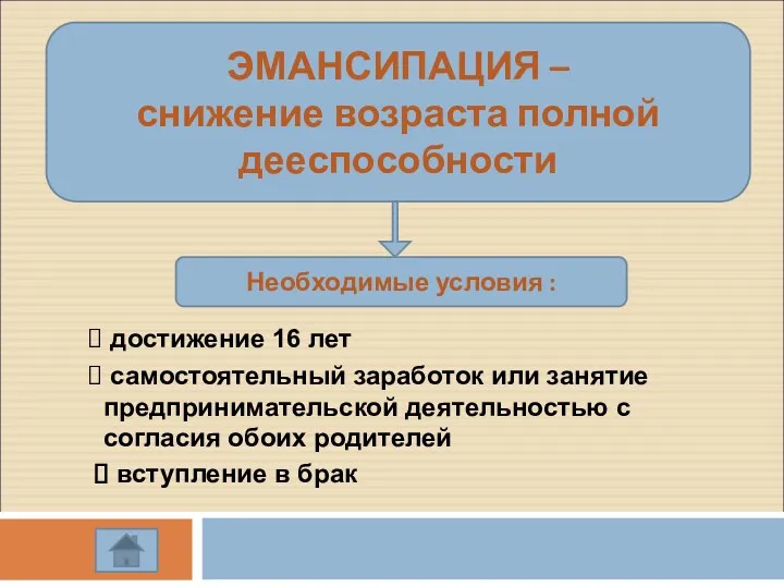 ЭМАНСИПАЦИЯ – снижение возраста полной дееспособности Необходимые условия : достижение