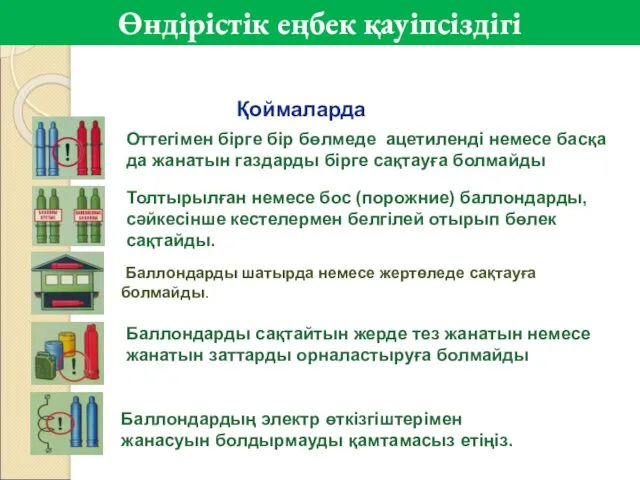 Қоймаларда Оттегімен бірге бір бөлмеде ацетиленді немесе басқа да жанатын