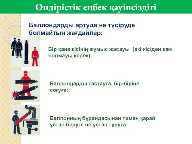 Баллондарды артуда не түсіруде болмайтын жағдайлар: Бір қана кісінің жұмыс