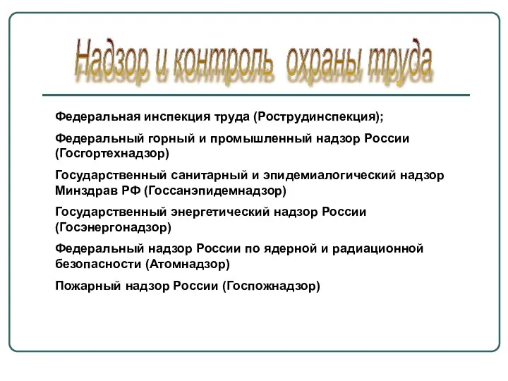 Надзор и контроль охраны труда Федеральная инспекция труда (Рострудинспекция); Федеральный