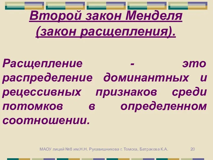 Второй закон Менделя (закон расщепления). Расщепление - это распределение доминантных