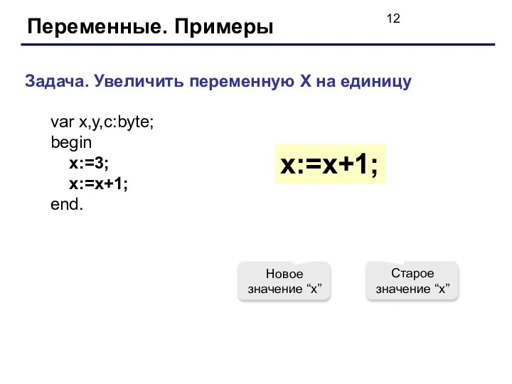 Переменные. Примеры Задача. Увеличить переменную X на единицу var x,y,c:byte;