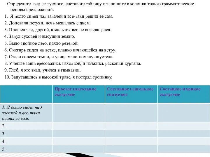 - Определите вид сказуемого, составьте таблицу и запишите в колонки