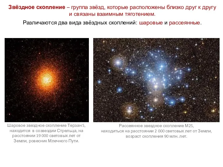Звёздное скопление – группа звёзд, которые расположены близко друг к другу и связаны