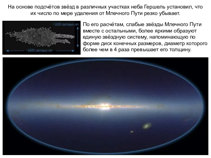 На основе подсчётов звёзд в различных участках неба Гершель установил, что их число