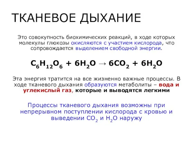 ТКАНЕВОЕ ДЫХАНИЕ Это совокупность биохимических реакций, в ходе которых молекулы