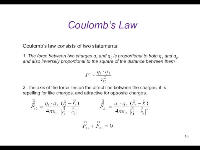 Coulomb’s Law 1. The force between two charges q1 and q2 is proportional