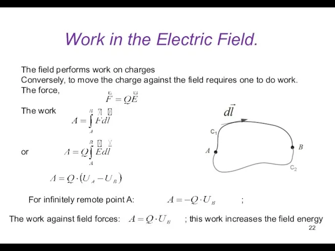 Work in the Electric Field. The field performs work on charges Conversely, to