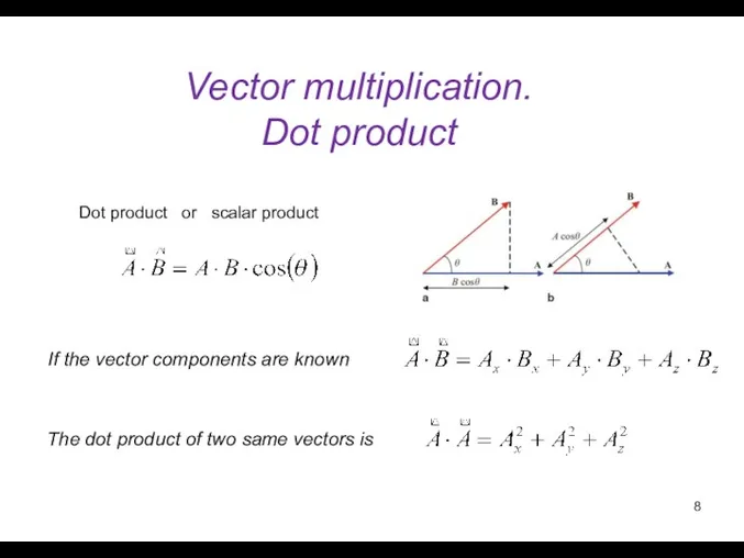 Vector multiplication. Dot product If the vector components are known