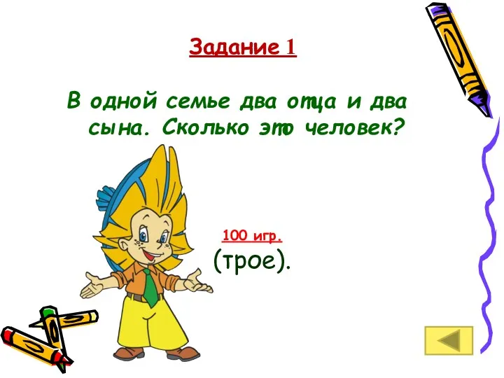 Задание 1 В одной семье два отца и два сына. Сколько это человек? 100 игр. (трое).