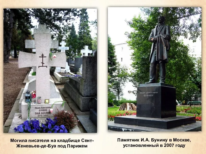 Памятник И.А. Бунину в Москве, установленный в 2007 году Могила писателя на кладбище Сент-Женевьев-де-Буа под Парижем