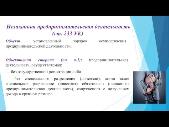 Незаконная предпринимательская деятельность (ст. 233 УК) Объект: установленный порядок осуществления