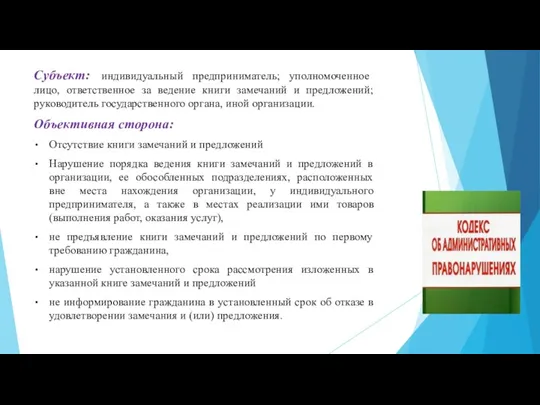 Субъект: индивидуальный предприниматель; уполномоченное лицо, ответственное за ведение книги замечаний