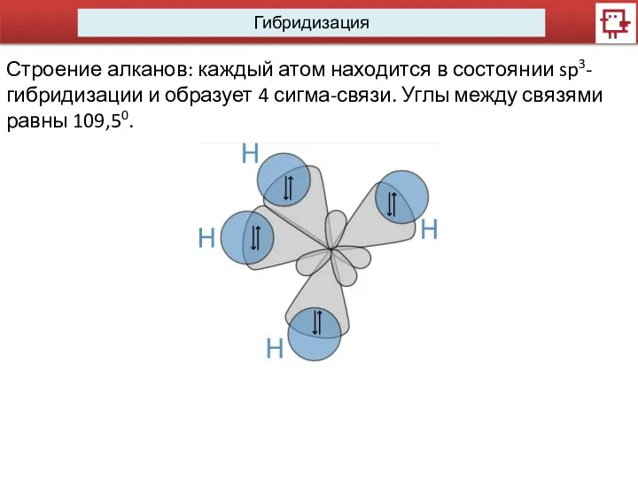 Гибридизация Строение алканов: каждый атом находится в состоянии sp3-гибридизации и