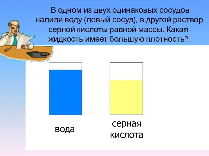 В одном из двух одинаковых сосудов налили воду (левый сосуд),