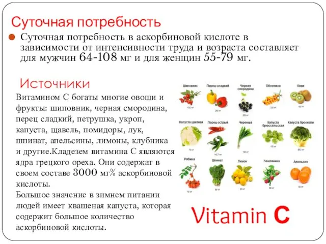 Суточная потребность Суточная потребность в аскорбиновой кислоте в зависимости от