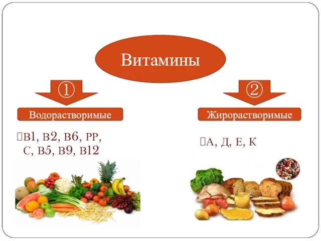 Витамины ① Водорастворимые Жирорастворимые В1, В2, В6, РР, С, В5,