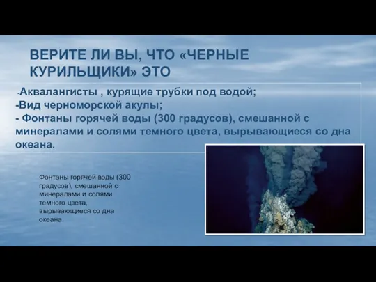 ВЕРИТЕ ЛИ ВЫ, ЧТО «ЧЕРНЫЕ КУРИЛЬЩИКИ» ЭТО -Аквалангисты , курящие трубки под водой;