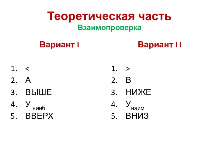 Теоретическая часть Взаимопроверка Вариант I А ВЫШЕ У наиб ВВЕРХ