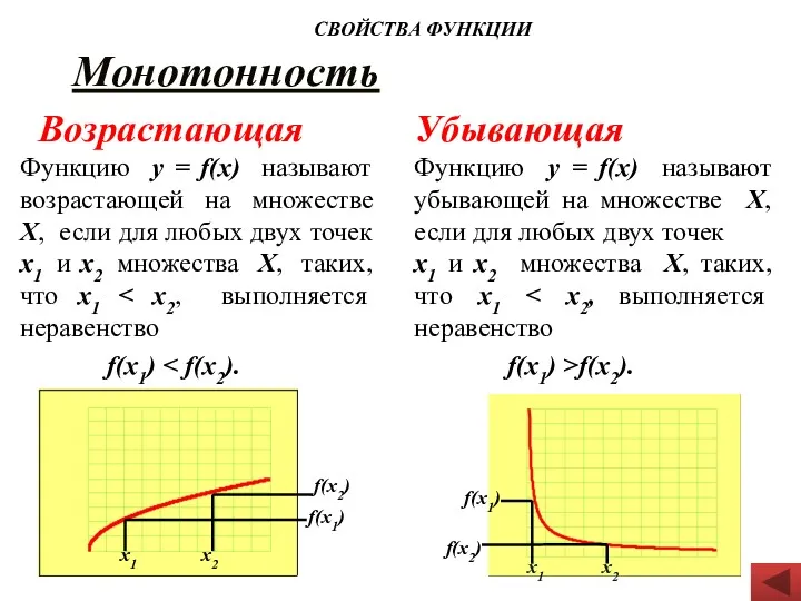 Монотонность Возрастающая Функцию у = f(х) называют возрастающей на множестве