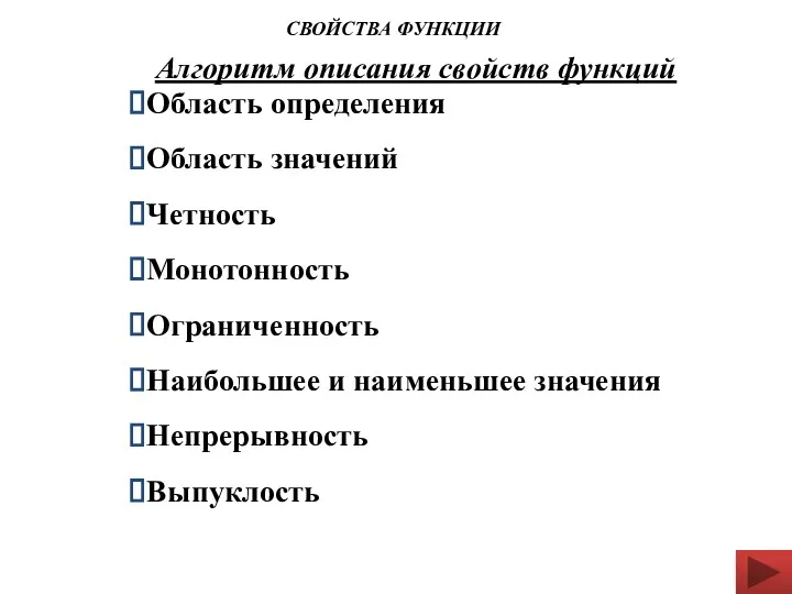 Алгоритм описания свойств функций Область определения Область значений Четность Монотонность