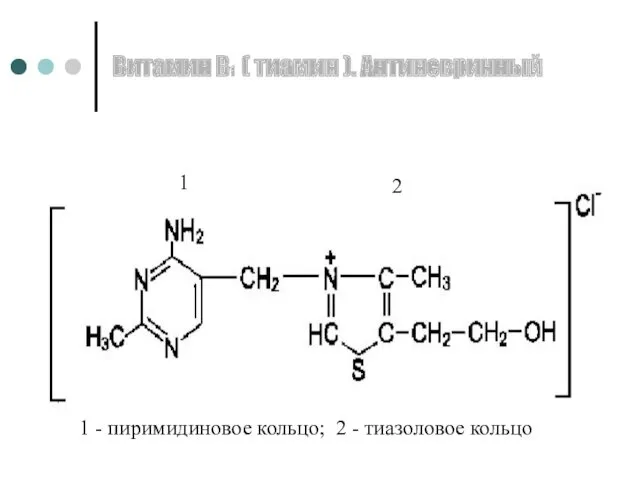 Витамин В1 ( тиамин ). Антиневринный 1 2 1 - пиримидиновое кольцо; 2 - тиазоловое кольцо