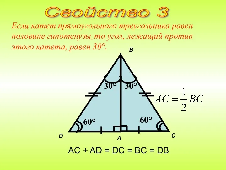 Если катет прямоугольного треугольника равен половине гипотенузы, то угол, лежащий