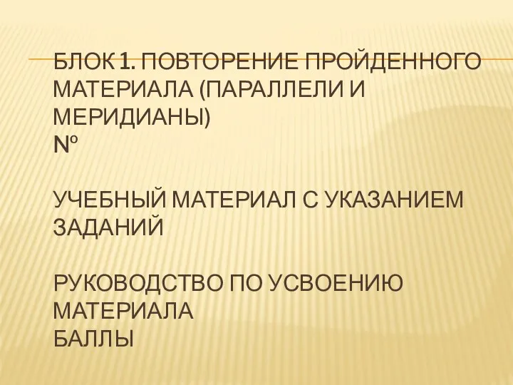 БЛОК 1. ПОВТОРЕНИЕ ПРОЙДЕННОГО МАТЕРИАЛА (ПАРАЛЛЕЛИ И МЕРИДИАНЫ) № УЧЕБНЫЙ