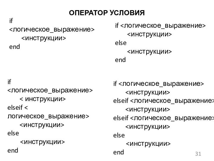 ОПЕРАТОР УСЛОВИЯ if end if else end if elseif else end if elseif elseif else end