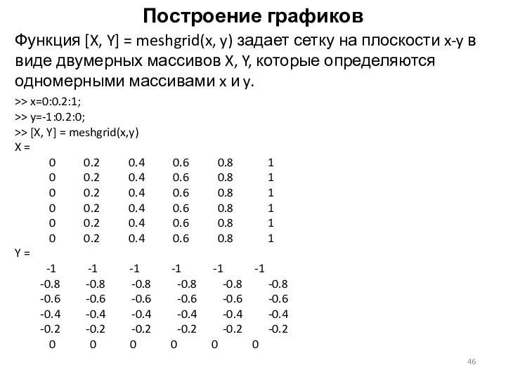 Построение графиков Функция [X, Y] = meshgrid(x, y) задает сетку