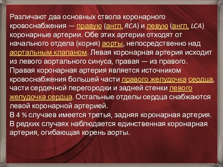 Различают два основных ствола коронарного кровоснабжения — правую (англ. RCA)